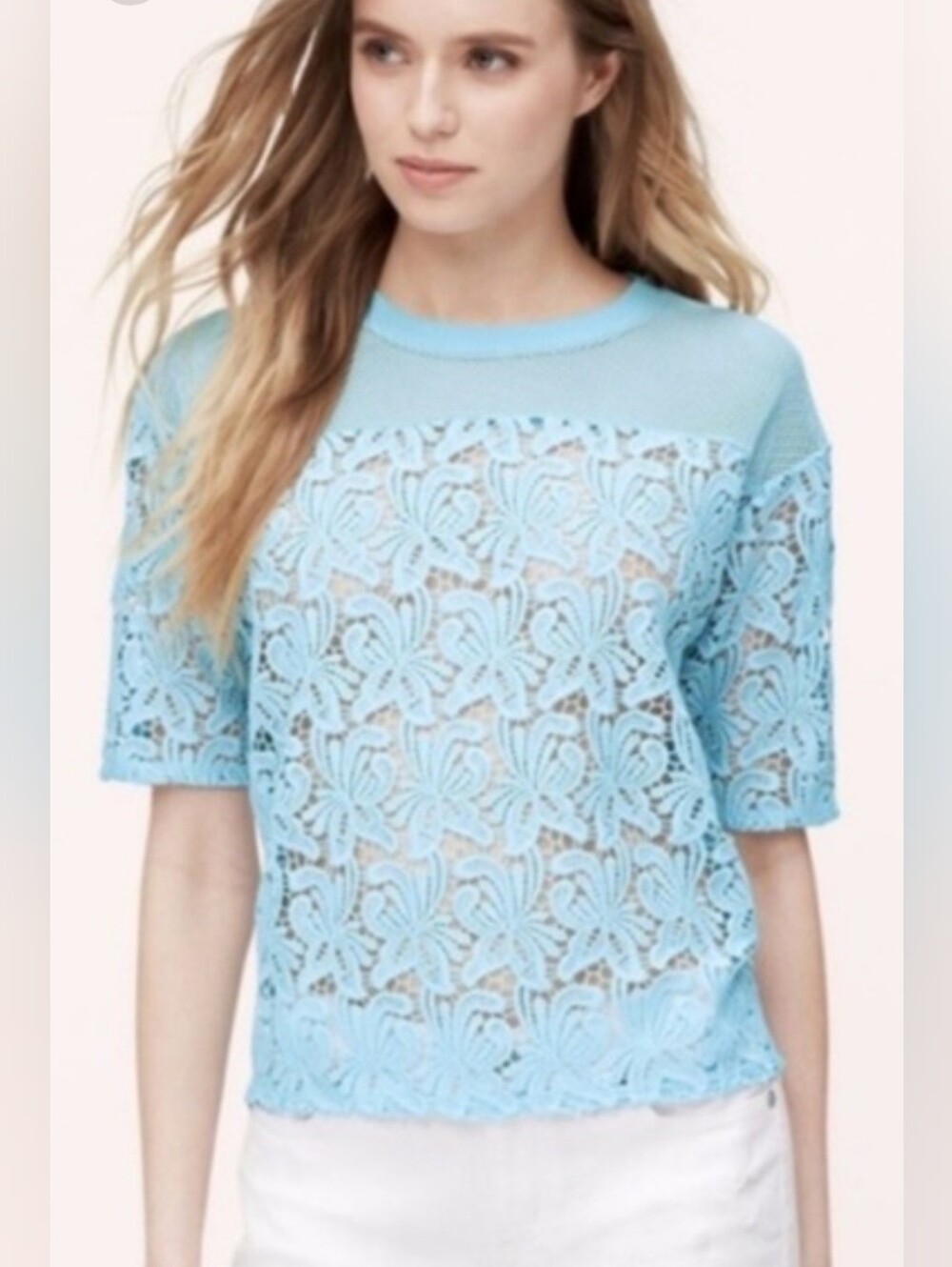 LOFT Lace Blossom Crochet & Mesh Bright Dream Blue Top